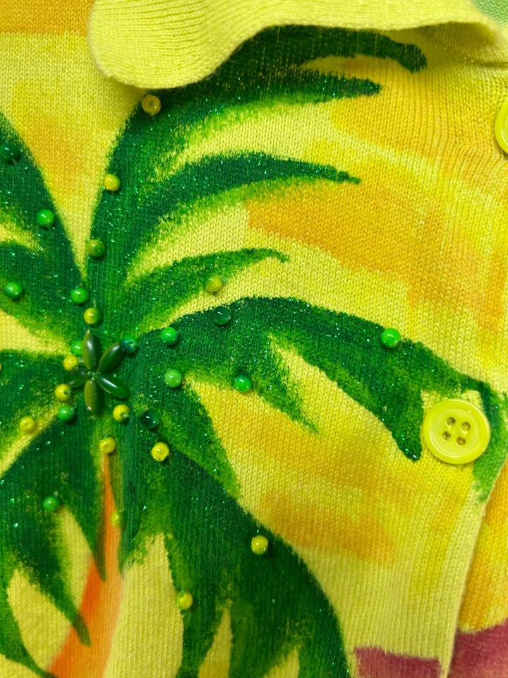 Cárdigan Michael Simon De Colección Para Mujer Amarillo Verde Lentejuelas Beach Island Huts Mediano Foto 2 de 4