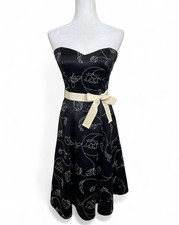 White House Black Market Strapless Black Dress Cream Embroidered Flowers Size 2