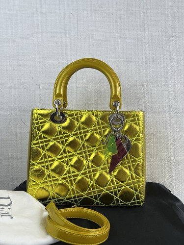 Auth Dior Metallic Neon Yellow Lambskin Medium Lady 2way Bag SHW Rank AB Limited