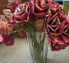 HANDMADE MILLINERY YELLOW/RED PAPER ROSES BOUQUET 5 BUNDLES 6 STEMS EA