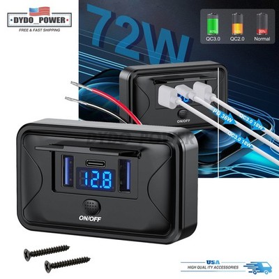 QC3.0 & PD Dual USB 12V-24V Car Fast Charger Socket Power Outlet On-Off Switch
