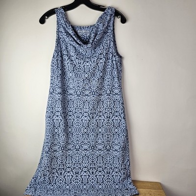 Eddie Bauer Outdoor Slub Cowl Neck Sleeveless Dress M Baltic Print Blue Midi