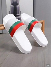 Gucci Men's White Slide Sandals Striped Red Green Slip On Synthetic Summer