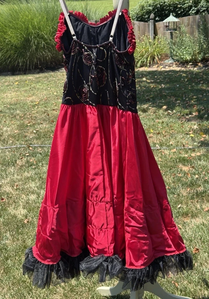Vestido de bailarina de salón para niña o lata y accesorios. Rojo y negro, talla XLC. TC Foto 4 de 4