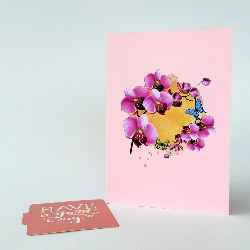 Tarjeta de felicitación emergente púrpura orquídea flor colorida naturaleza tarjeta de cumpleaños Foto 4 de 4