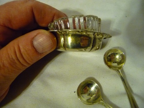 Antike Sterlingsilber & geschliffenes Glas Salzschale mit 2 kleinen Sheffield EPNS Löffeln - Bild 8 von 8