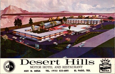 El Paso TX Desert Hills Motor Hotel Artist Rendering Aerial Texas postcard EQ2