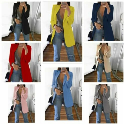 Women Slim Blazer Jacket Top Outwear Long Sleeve Career Formal Long Coat