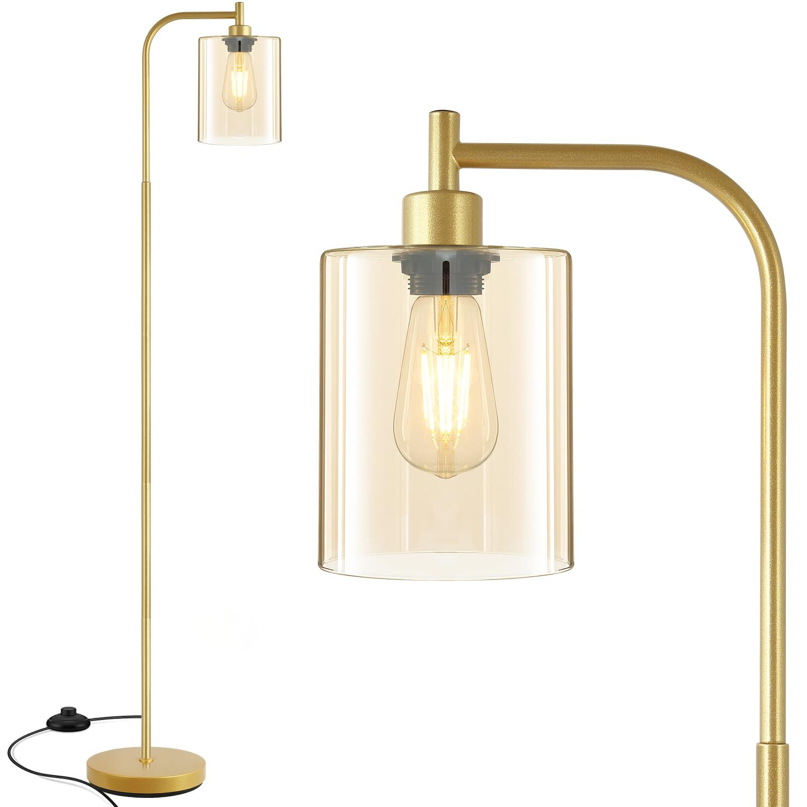Industrial Floor Lamp, Gold Standing Lamp with Gold Glass Lampshade, 6W LED B...