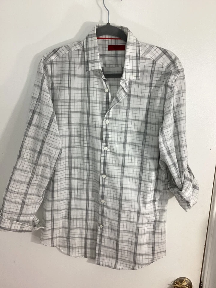 ALFANI MEN SLIM FIT SIZE SMALL COTTON BUTTON UP SHIRT PLAID WHITE BLACK - Image 4 of 4