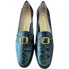 Salvatore Ferragamo Croc Embossed Leather Loafer in Black with Gold Size 6