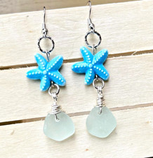 Women's Blue Starfish  Sea Glass Earrings French Hooks  Silver Beachy Jewelry