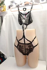 Sexy Transparent Black Lace High Leg Strappy Triangle Bra/Thong Panty 1 piece OS