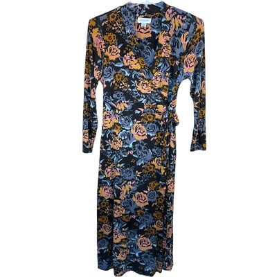 L Motherhood Maternity Dress Black Blue Floral Faux Wrap Maternity Nursing Rose