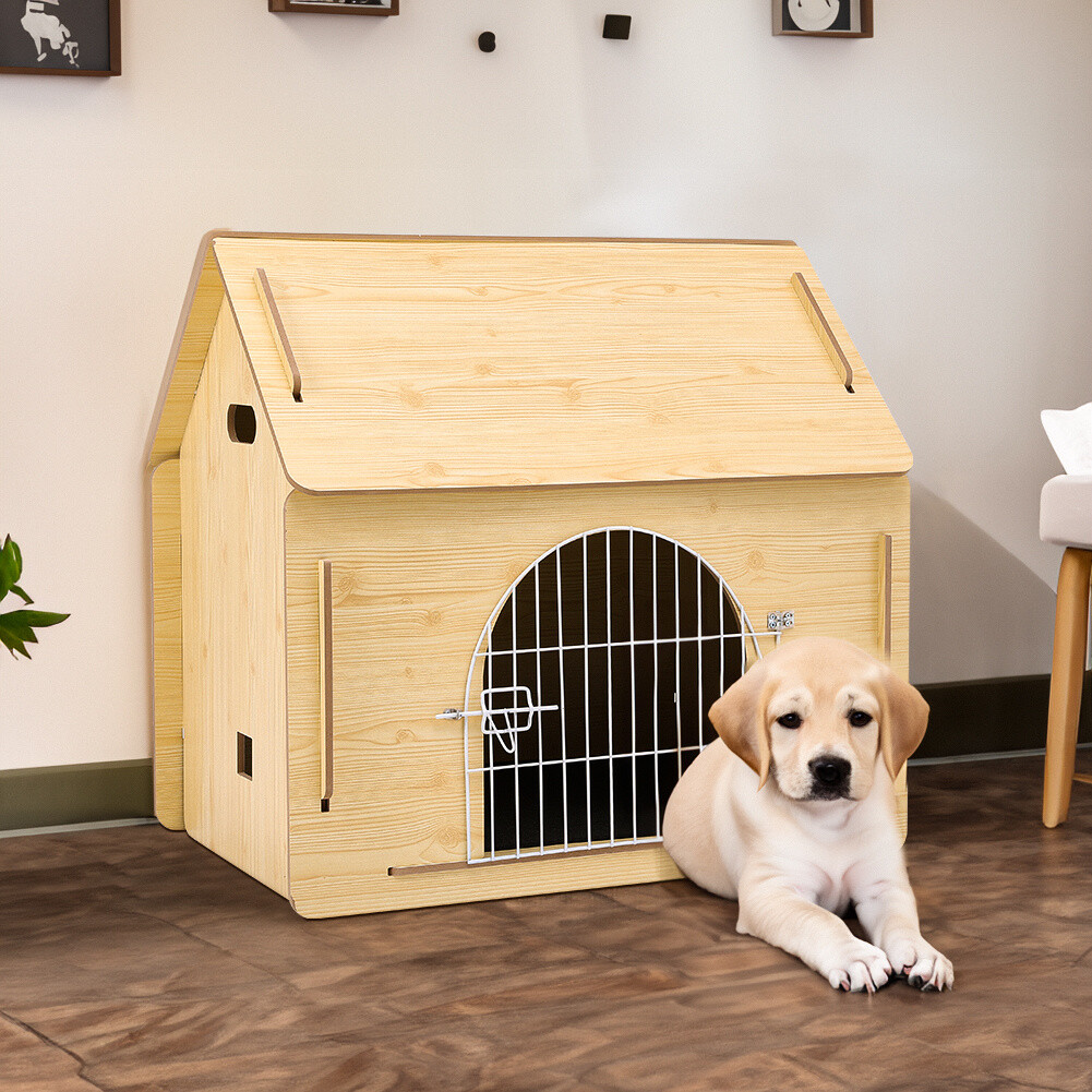 Wooden Dog House Kennel with Metal Mesh Door Indoor Outdoor Dog
