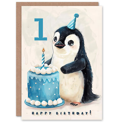 Karte 1. Geburtstag süß Baby Pinguin Kuchen Cartoon Kinder Alter 1 Jahr Kind