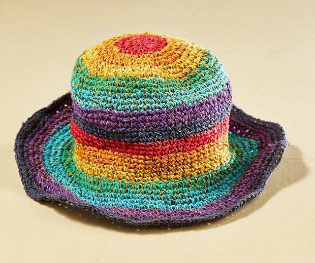 RAINBOW STRIPE HEMP SUN HAT multicoloured one size packable fairtrade Nepal NEW!