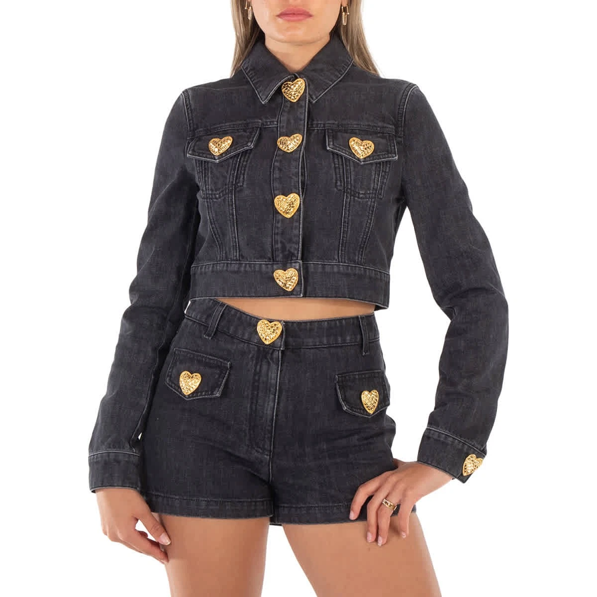 Giacca denim cropped bottoni cuore Moschino