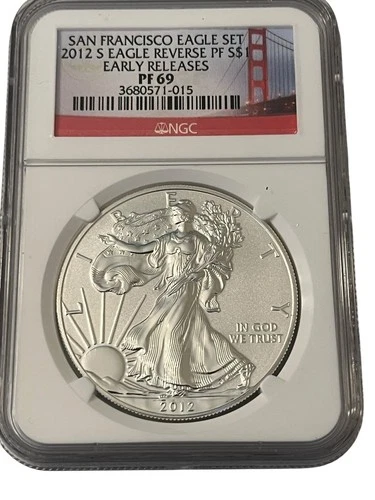 2012 S SAN FRANCISCO AMERICAN SILVER EAGLE $1 NGC REVERSE PROOF PF69