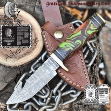 Ashen Edge Hand Forged Skinner Knife w/Gut Hook Twist Damascus Micarta Survival