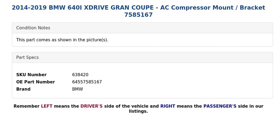 BMW 640I XDRIVE GRAN CUPÉ 2014-2019 - montaje/soporte compresor de aire acondicionado 7585167 Foto 4 de 4