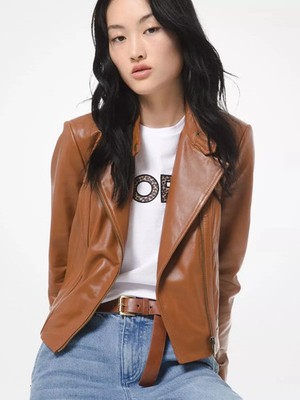 Handmade Women's Pure Leather Jacket Brown Lambskin Biker Jacket Stylish Wear