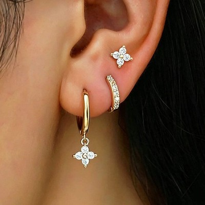 Set of 3 French Style Four Leaf Clover Stud Earrings for Women, Ears