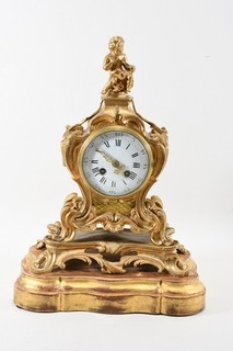 O55S16 Antique Bronze Mantel Clock Movement No 59624 on Wood Base