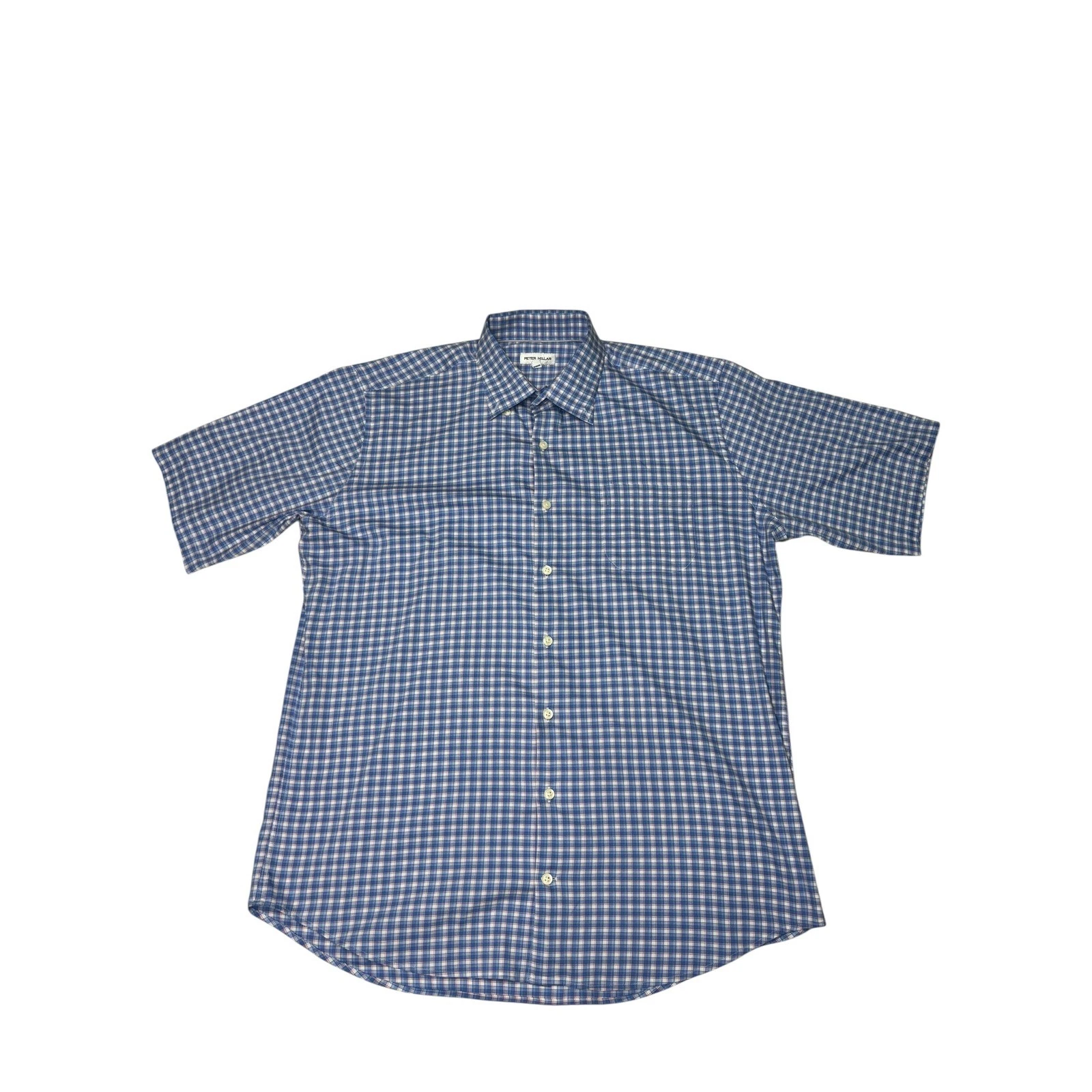 Peter Millar Men's Plaid Button Down Short Sleeve Shirt, Blue, Large