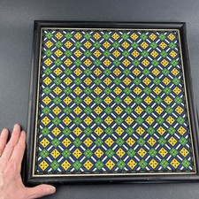 Vintage Framed Needlepoint Art Geometric Design Blues Greens