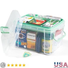 Large Clear Plastic Medicine Organizer Box Storage W/ Handle Divider Tray New