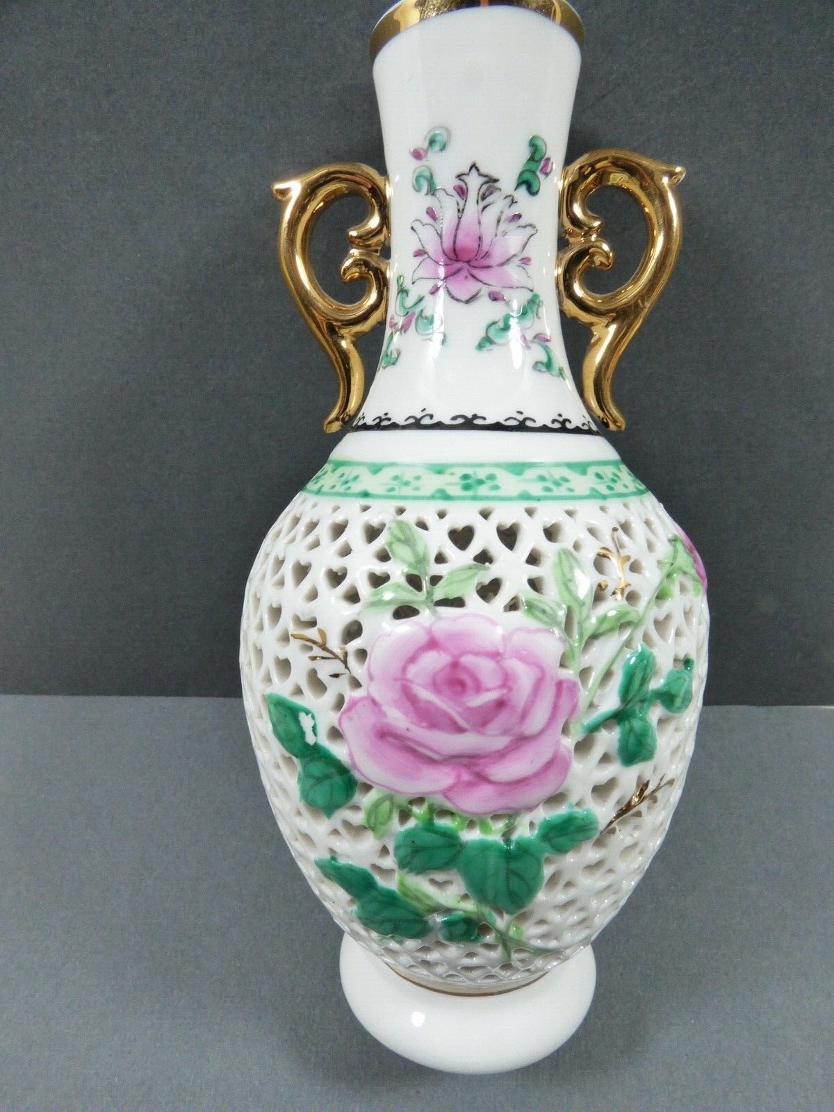 White Porcelain Rose Flower pattern Gold Handles Reticulated Pierced ...