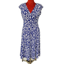 Chaps Size M Blue & White Polka Dots Dress Sleeveless V-Neck Pullover Stretchy