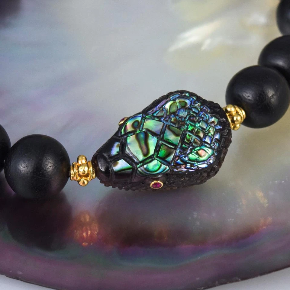 6.25 in Bracelet Ebony, Abalone Snake Head Bead Gold Vermeil Sterling Silver 16g - Image 4 of 4