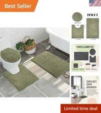Elegant 3-Piece Sage Green Chenille Bathroom Rugs - Non-Slip  Machine Washable