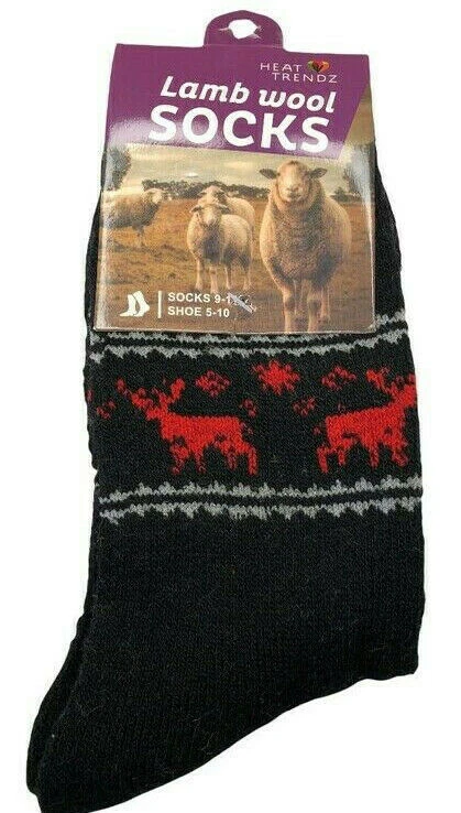 Ladies Socks Lamb's Wool Fair Isle Deer Crew Warm Winter Size 9-11 Black
