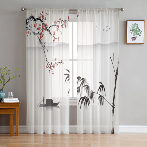 Chinesischer Stil Tuschemalerei Blumen Landschaft durchsichtig Vorhänge Zimmer Voile Tüll - Bild 27 von 37