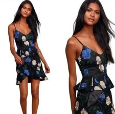 NWT LULU'S womens size XS black blue cream embroidered floral ruffle dress