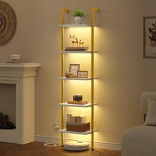 5 Tier Ladder Shelf W/ Light Wooden Wall Mounted Book Shelf Wall Mounted Ladder