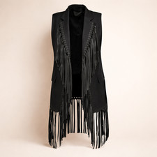 Women Black Suede Leather Fringe Long Vest Western Boho Cowgirl Festival Coat