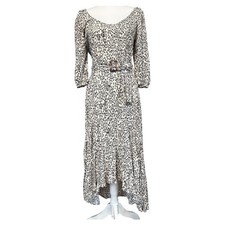 By Together Leopard Print Midi Dress Tie Waist 3/4 Sleeve High Low Hem