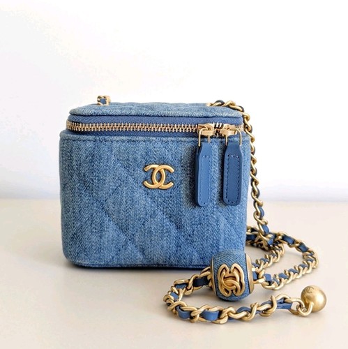Chanel Blue Quilted Denim Pearl Crush Gold Ball Mini Vanity Case Crossbody Bag