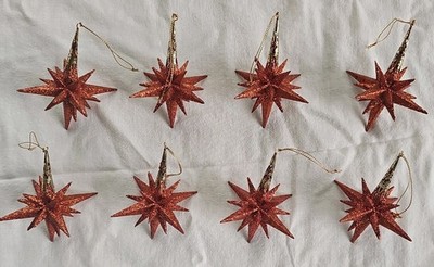 Set of (8) Great Vintage Sputnik Atomic Metal Glitter Mica Christmas Ornaments