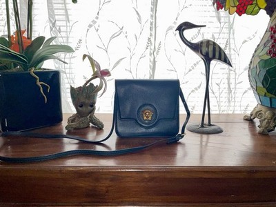 Versace Blue Pebbled Crossbody Bag Medusa Logo Gold Hardware Magnetic Zip