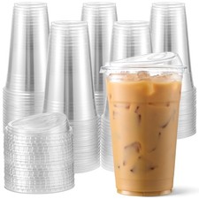 100 Pack 16 oz Plastic Cups W/ Strawless Sip-Lids Iced Coffee Cups W/ Lids BPA