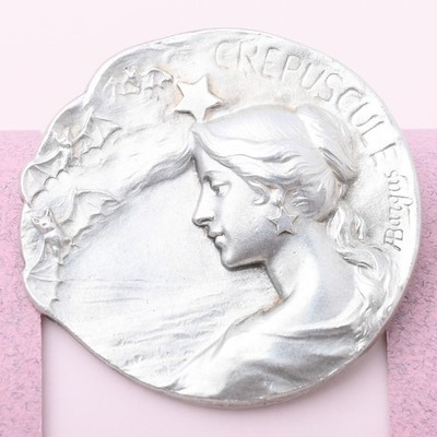 Antique French Art Deco Bargas Goddess NYX Silver Plated LARGE 1.5'' Brooch Pin