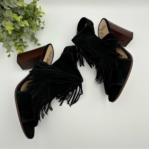 Sam Edelman Women’s Elaine Fringe Peep Toe Black Suede Heels Sandals Size 7.5