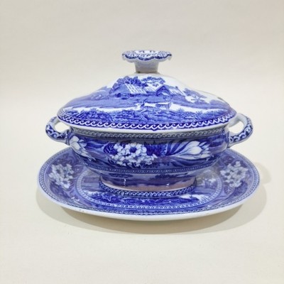 Antike Wedgwood '' Damhirsch '' blau & weiß Porzellan Saucenterrine & Ständer