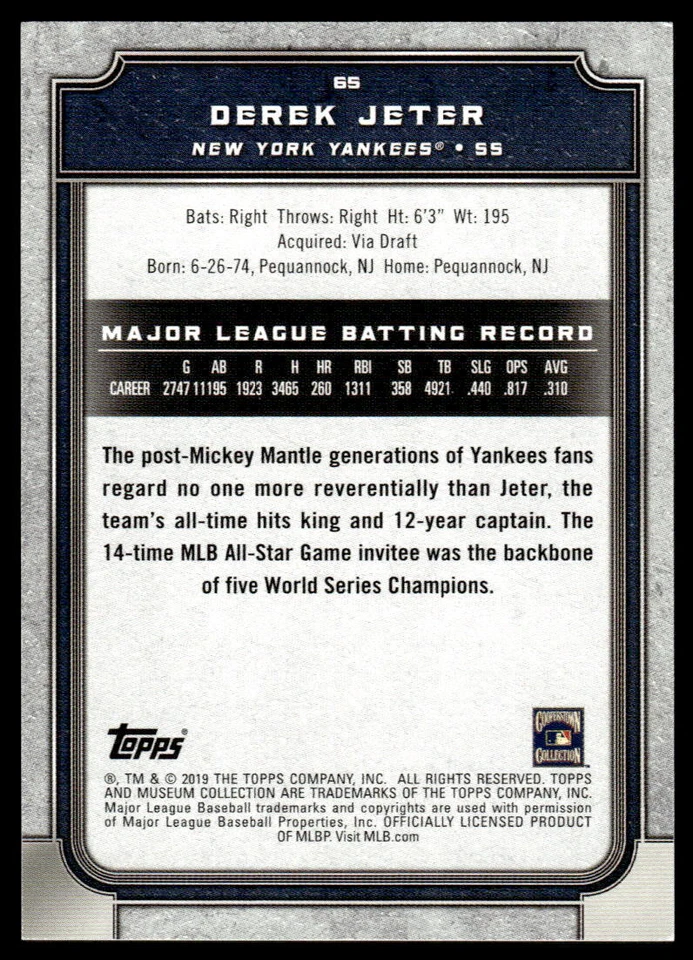 2019 Topps Museum Collection #65 Derek Jeter BASEBALL New York Yankees - Image 2 of 2