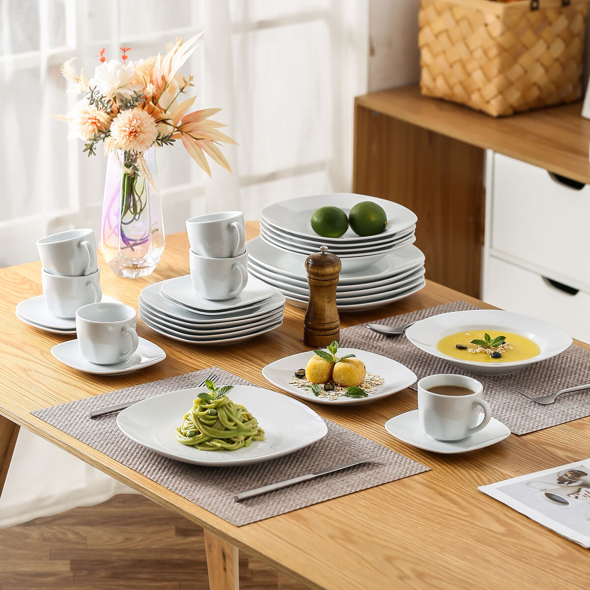 MALACASA Square Dinnerware Set, 40-Piece Porcelain Gray White Dinner Sets,  Dish Set Dinner Plates, Soup Bowls and Dessert Plates, Egg Cups and Coffee